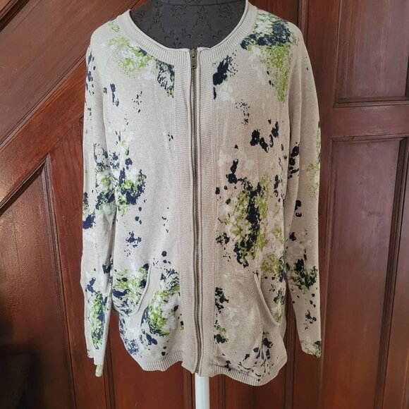 Eddie Bauer Womens Zip-Up Cardigan Sweater L Beige Blue Green Splatter Print - Picture 1 of 6